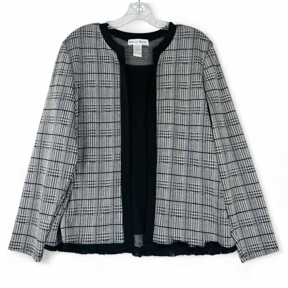 Rebecca Malone Womens Black White Plaid Fringe Hem Open Front Cardigan Large